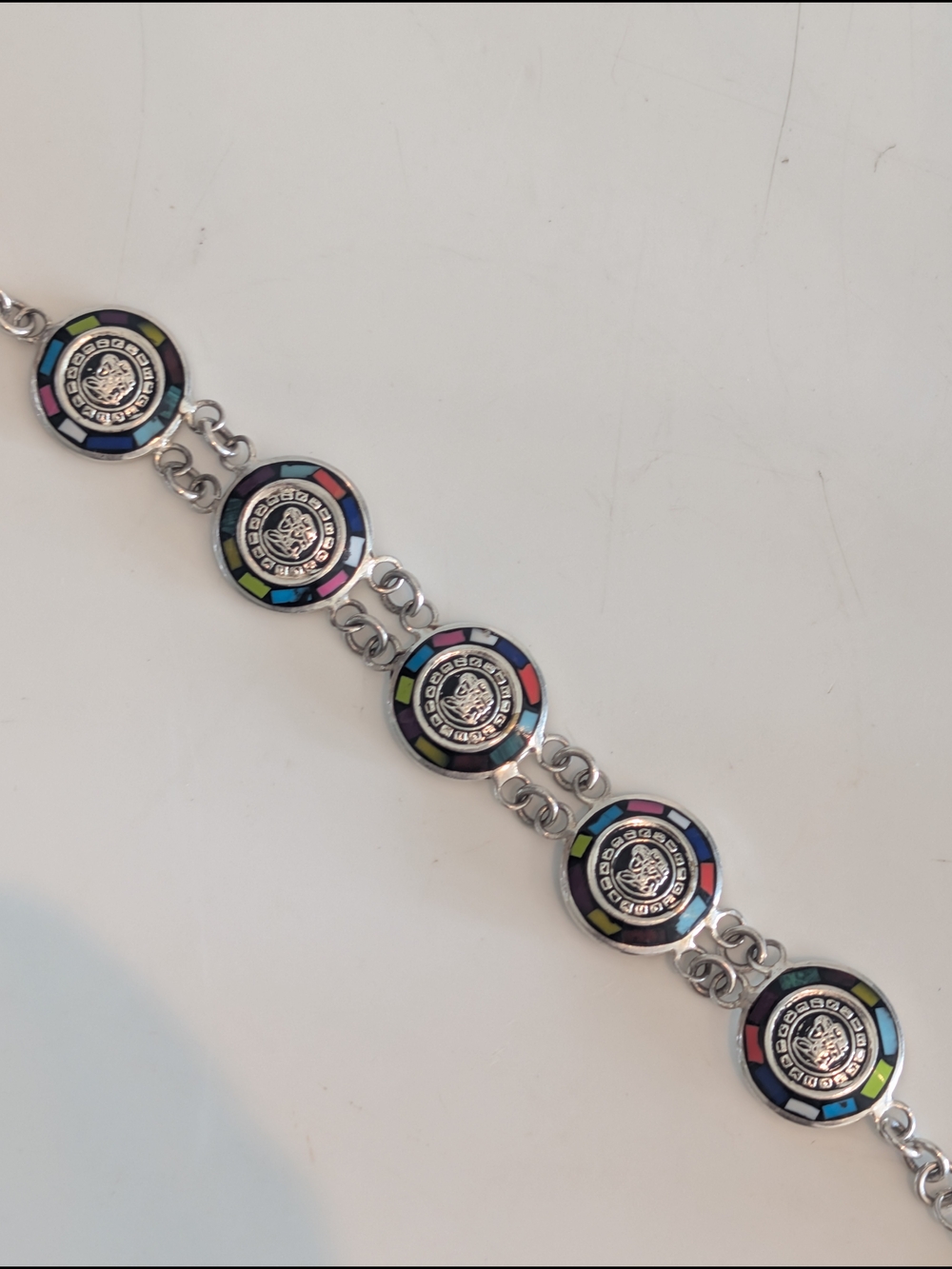 Vintage .925 Aztec Silver Tone Bracelet, Multi Color, Beautiful Piece!